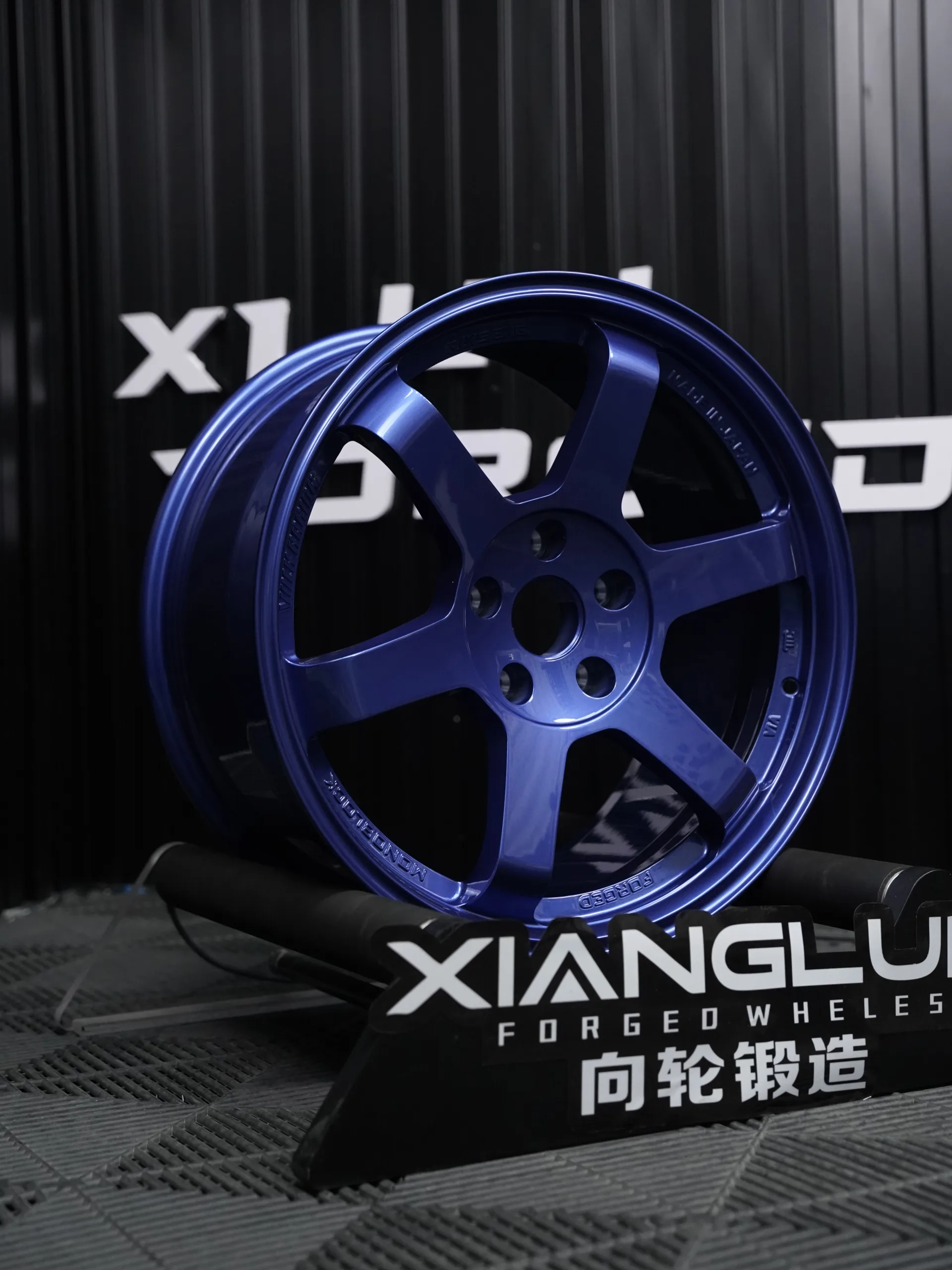 6-spoke custom blue forged wheels