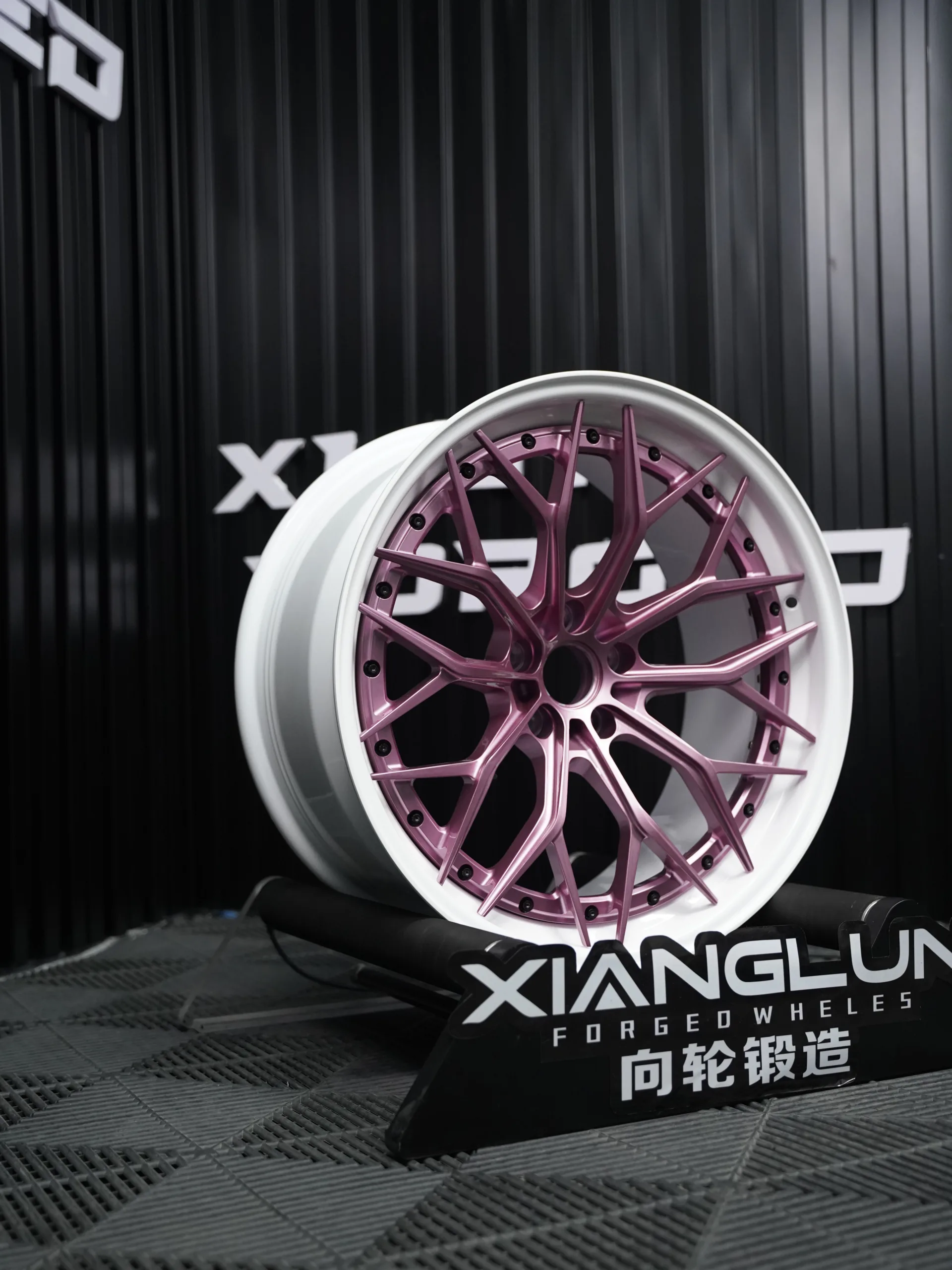 Two-piece, mid-disc custom pink forged wheels