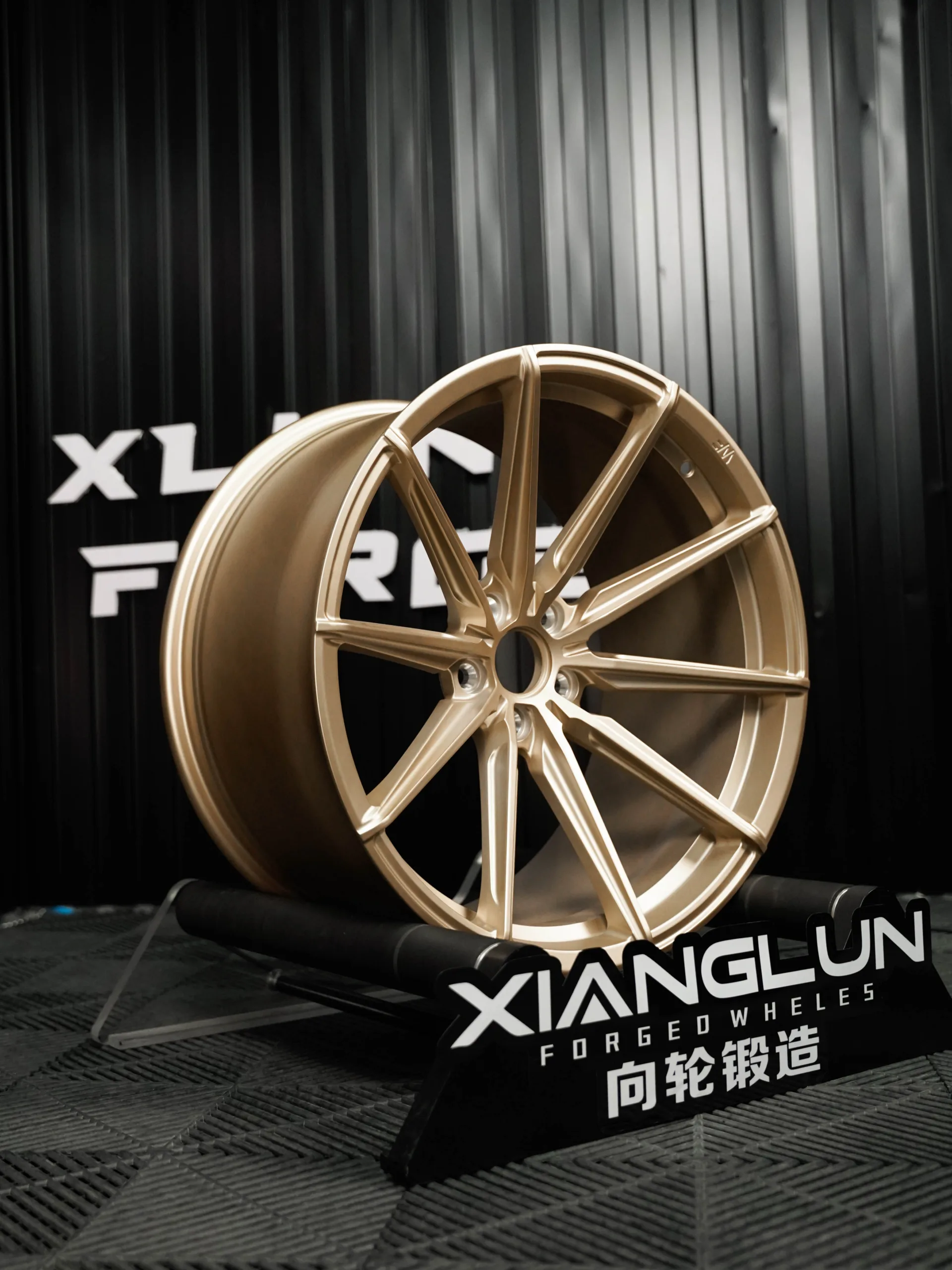 Custom-designed forged single-piece deep concave brushed gold wheels