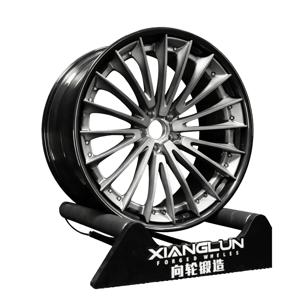 Two-piece forged wheels, matte brushed gray, custom forged wheels with polished edges.