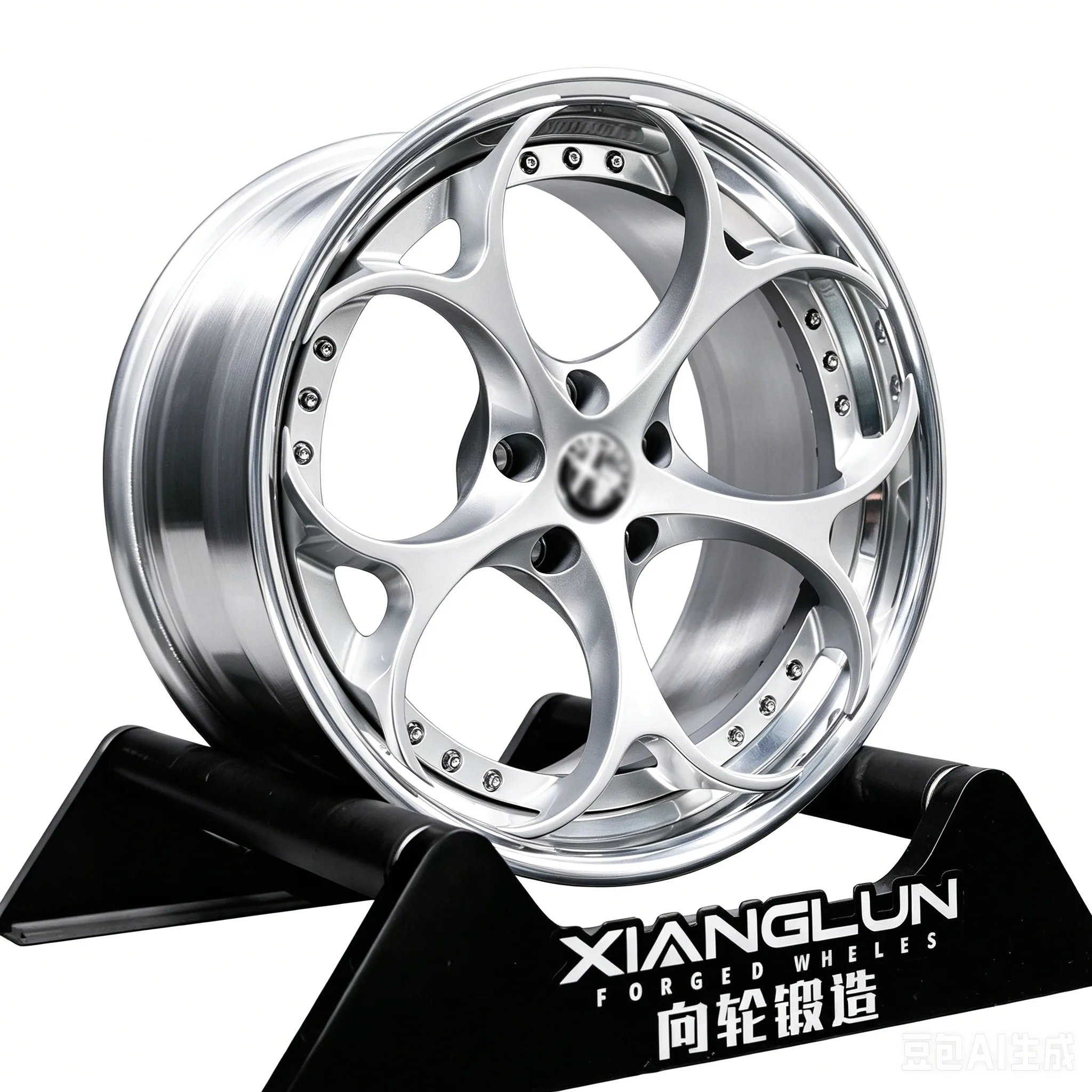 Custom-forged wheels featuring a twin-leaf clover design—high-gloss silver center with polished edges—made from T6061 aluminum.